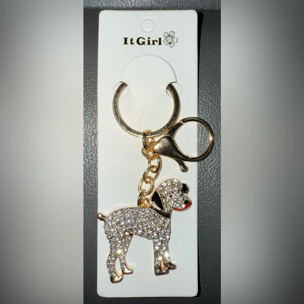 It Girl Gold Tone Dog Keychain With Clear And Black Rhinestones. New In Package - Picture 1 of 2